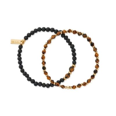 Men Jewellery ChloBo  | Men’S Gold Black Lava & Tiger’S Eye Set Of 2